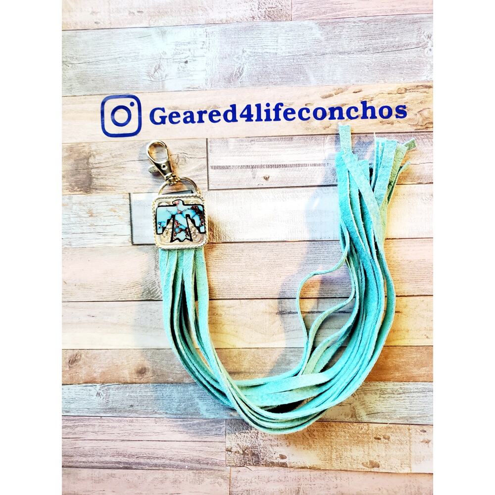 Handmade boho Leather Fringe Western bag charm, thunderbird fringe keychain